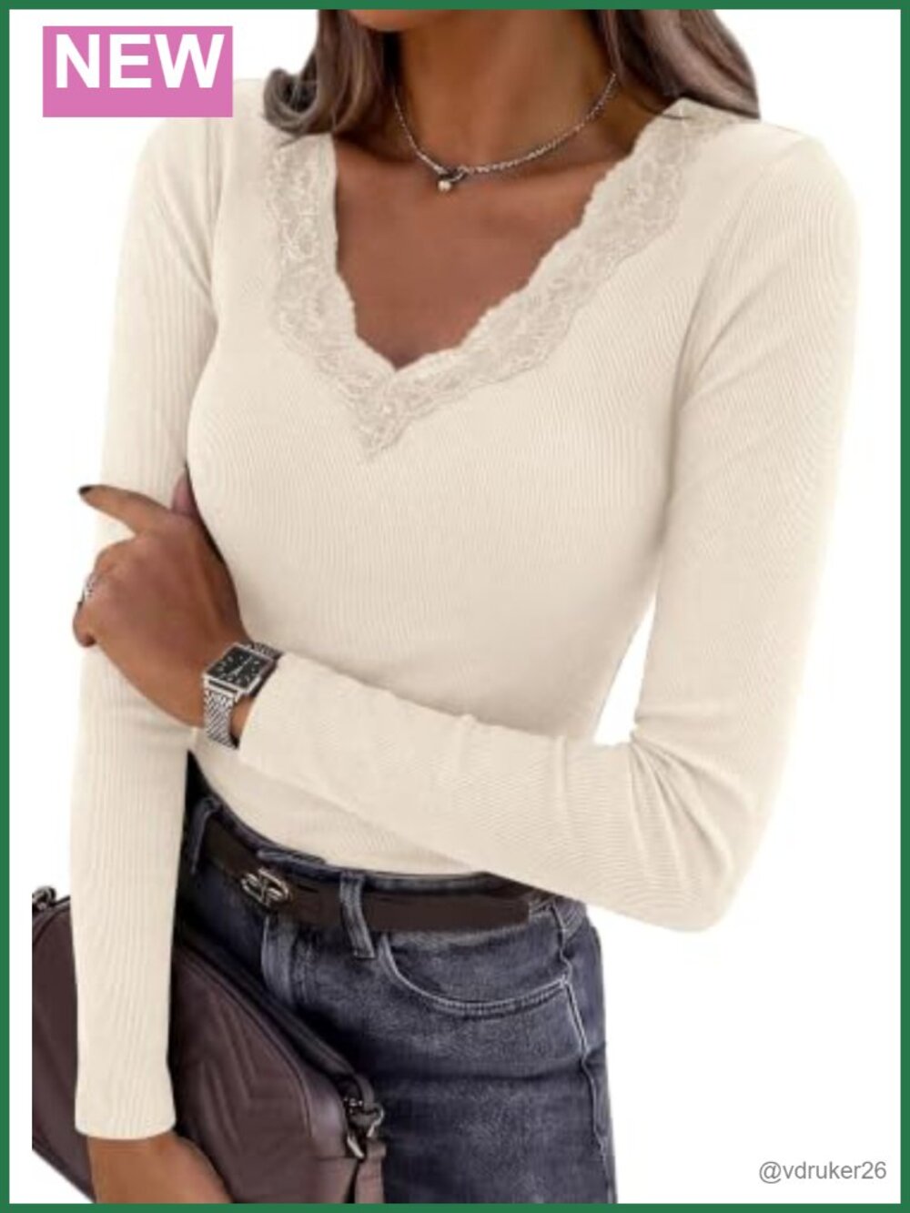 Women's Lace V Neck Long Sleeve Fitted Ribbed Knit T-Shirt